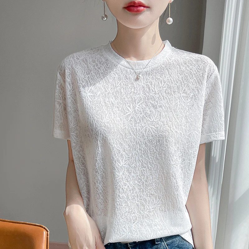 白色花边显瘦短袖T恤气质时尚圆领半袖短袖刺绣夏装宽松t恤