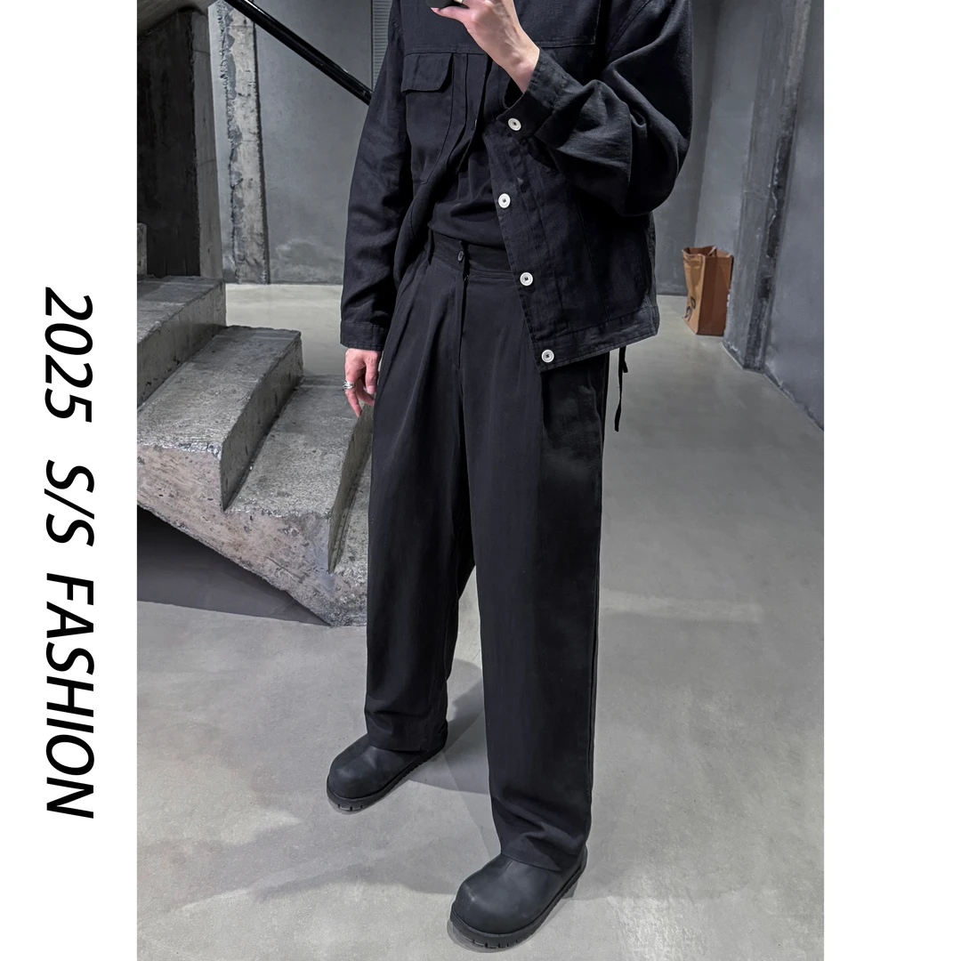 【叶继枫】25 S/S “古老布料”棉麻混纺松紧腰直筒微阔单褶休闲裤子