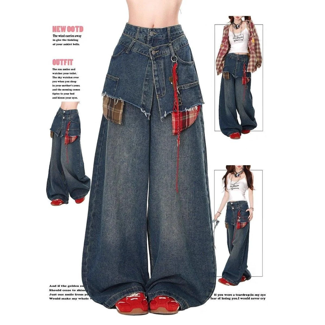 假两件设计感格子拼接牛仔裤女2025新款美式复古宽松阔腿弯刀裤子