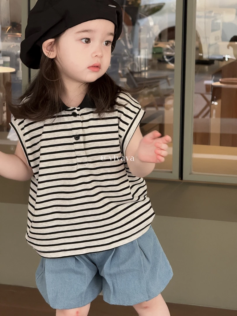 yiyaya 15191女童2025夏款黑色条纹短袖T恤 牛仔短裤5329
