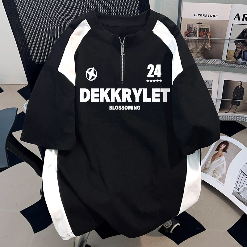 jtrt休闲字母印花拼接半拉链短袖男女夏季潮牌百搭宽松T恤上衣ins