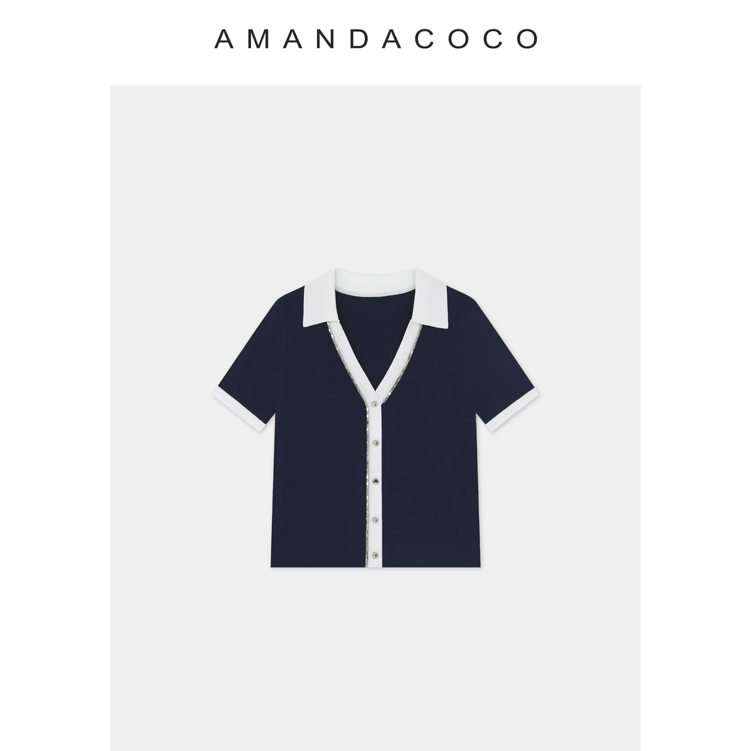 KEY# 简妙法式～夏季薄款钉钻翻领气质修身冰丝短袖针织衫