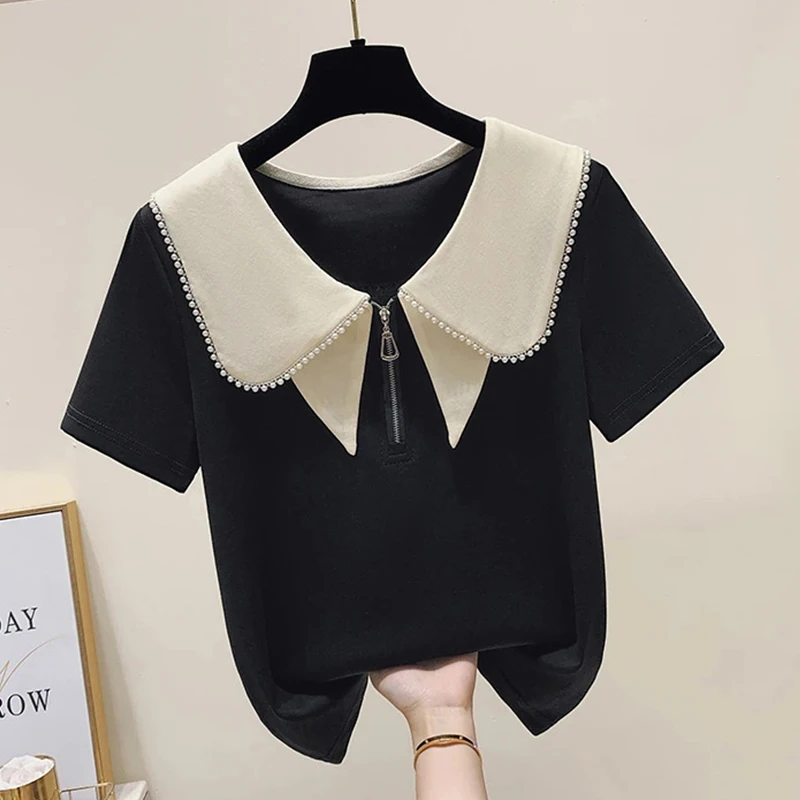 高含棉法式娃娃领撞色短袖t恤女2025夏季新款设计感正肩显瘦上衣