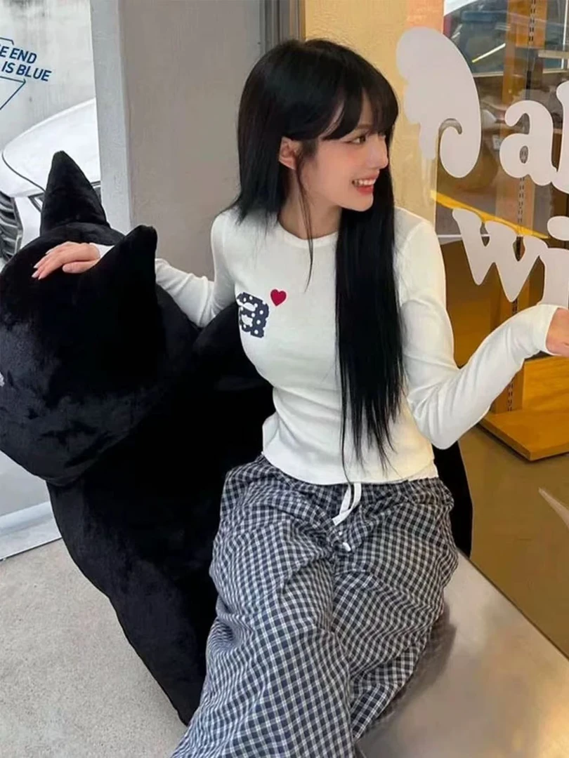 字母长袖印花修身方领T恤修身显瘦