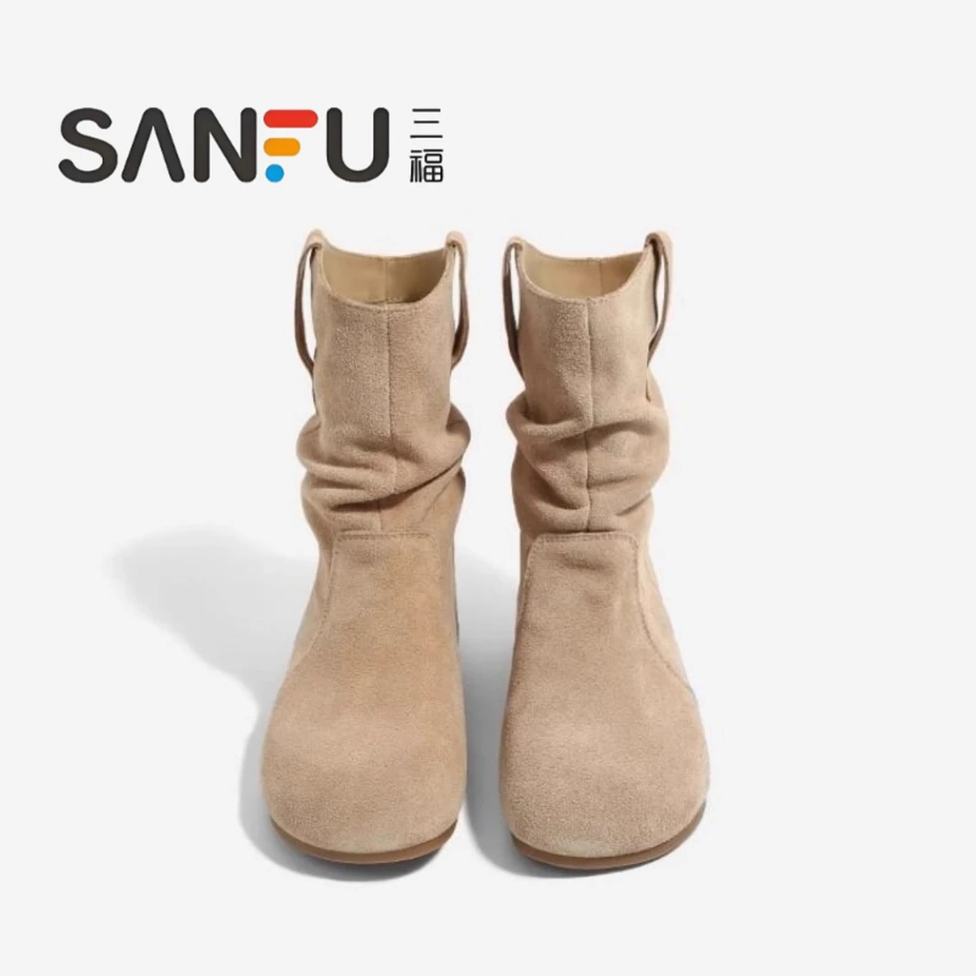 三福新款短靴女2025新款秋季爆款马丁靴复古慵懒风平底套筒堆堆靴