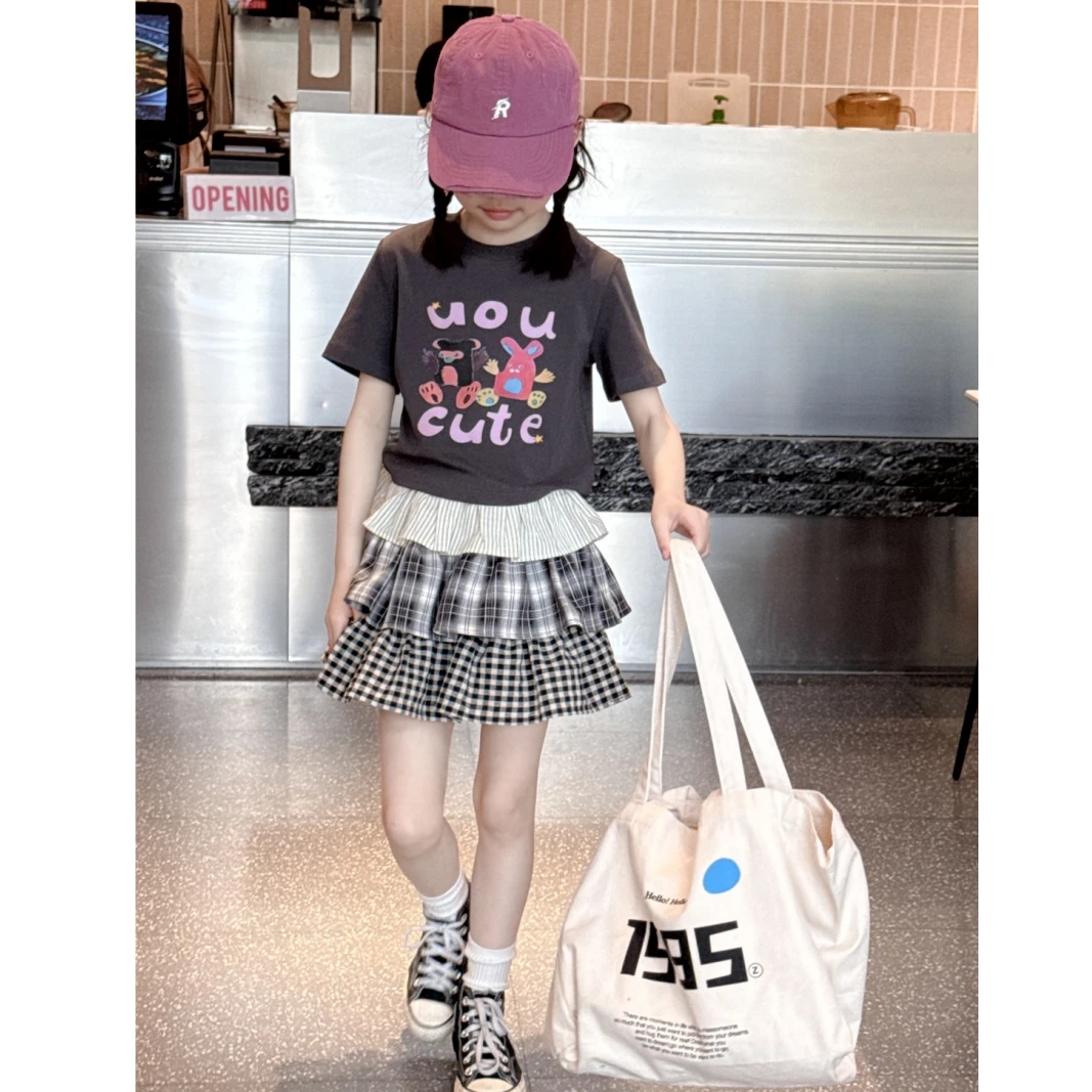 韩版女童装儿童中大童夏季时髦印花辣妹短款短袖T恤蛋糕裙短裙