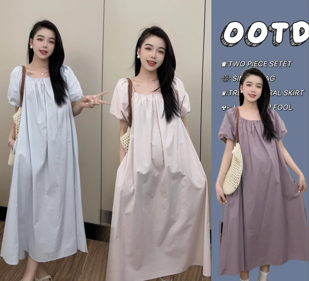 孕妇裙子夏装2025新款怀孕期宽松显瘦长裙夏季方领减龄孕妇连衣裙