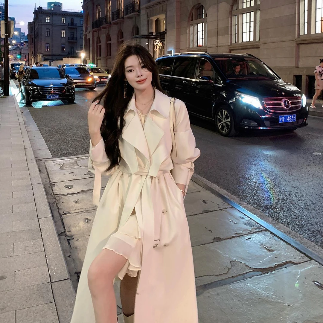 春季新款高级感白色风衣外套女中长款气质收腰垂感英伦休闲大衣