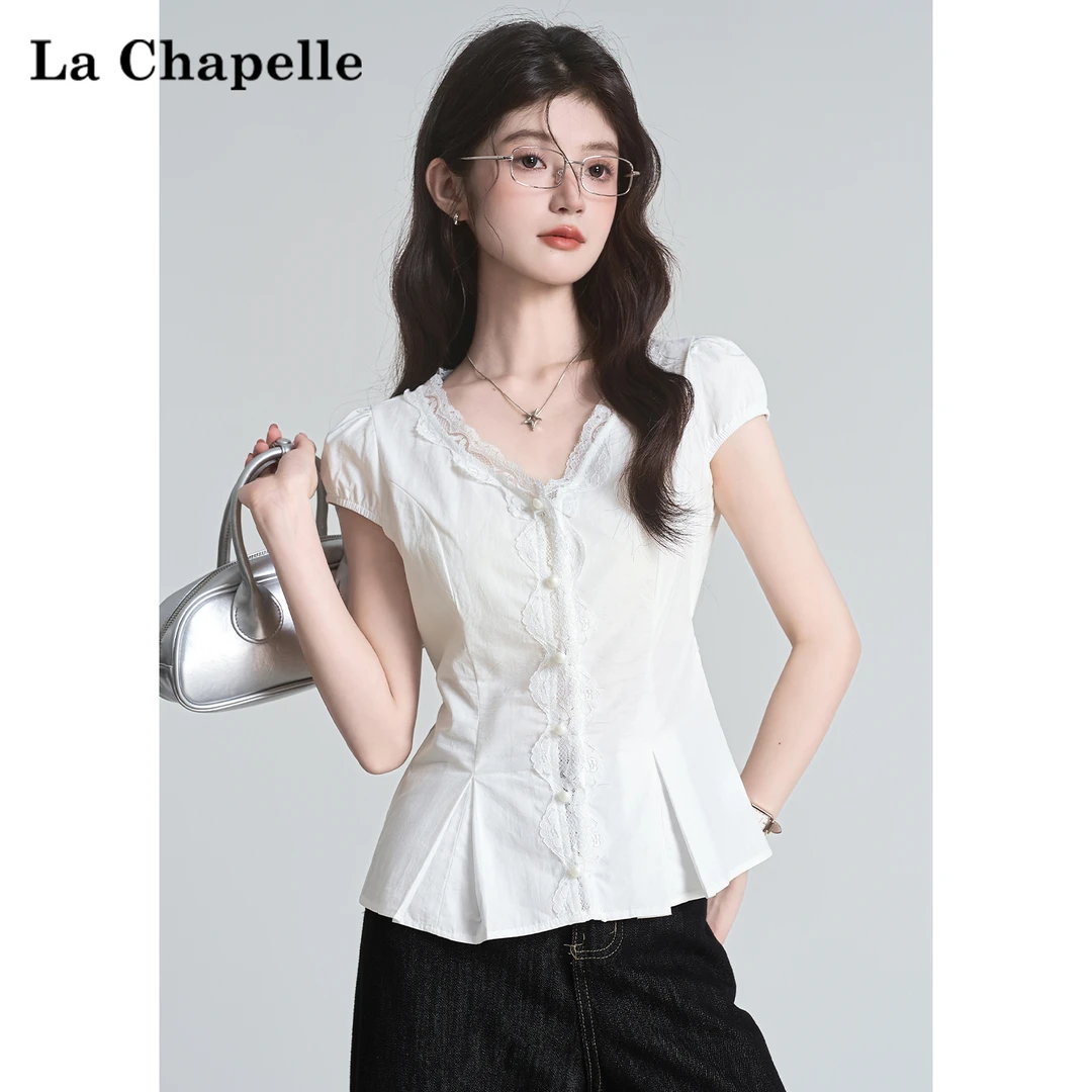 拉夏贝尔法式时尚白色蕾丝花边短袖衬衫女夏季新款V领百搭上衣