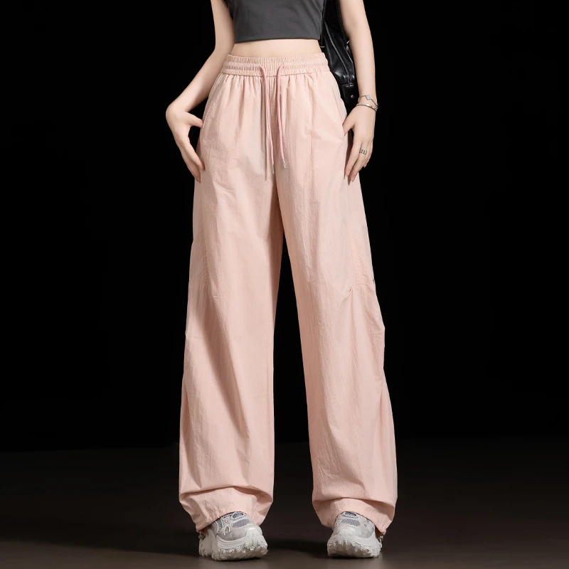纯棉阔腿工装裤女2025新款夏季薄款抽绳宽松设计感高腰显瘦直筒裤