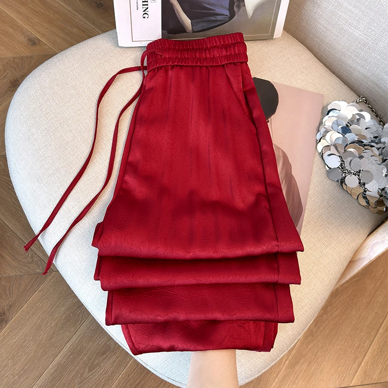 拉夏贝尔夏季阔腿裤女新中式珠光双缎面宽松休闲裤女垂坠感直筒裤