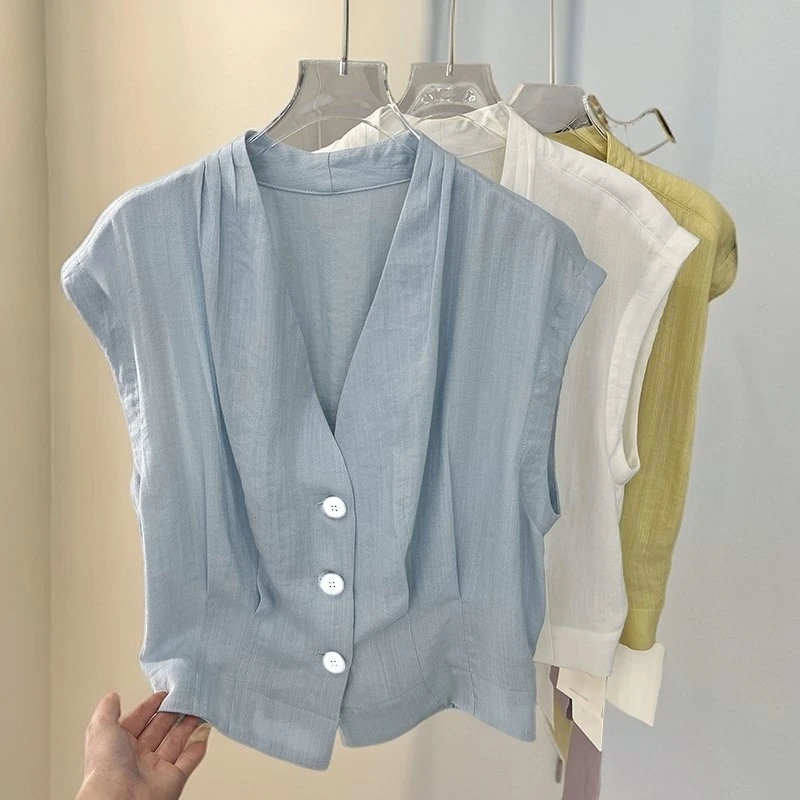 法式V领亚麻无袖衬衫女上衣2025夏季新款设计感收腰显瘦马甲小衫