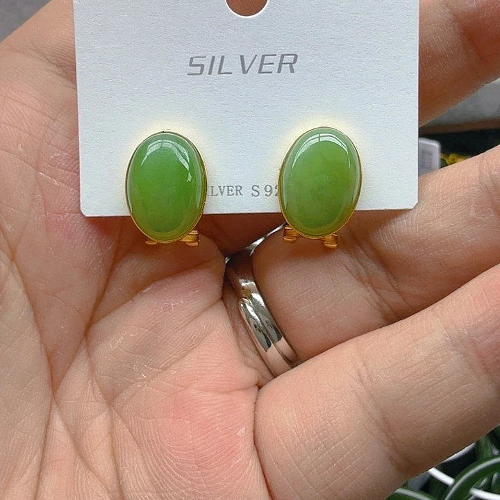 和田玉（碧玉）耳饰银S925镀金镶嵌