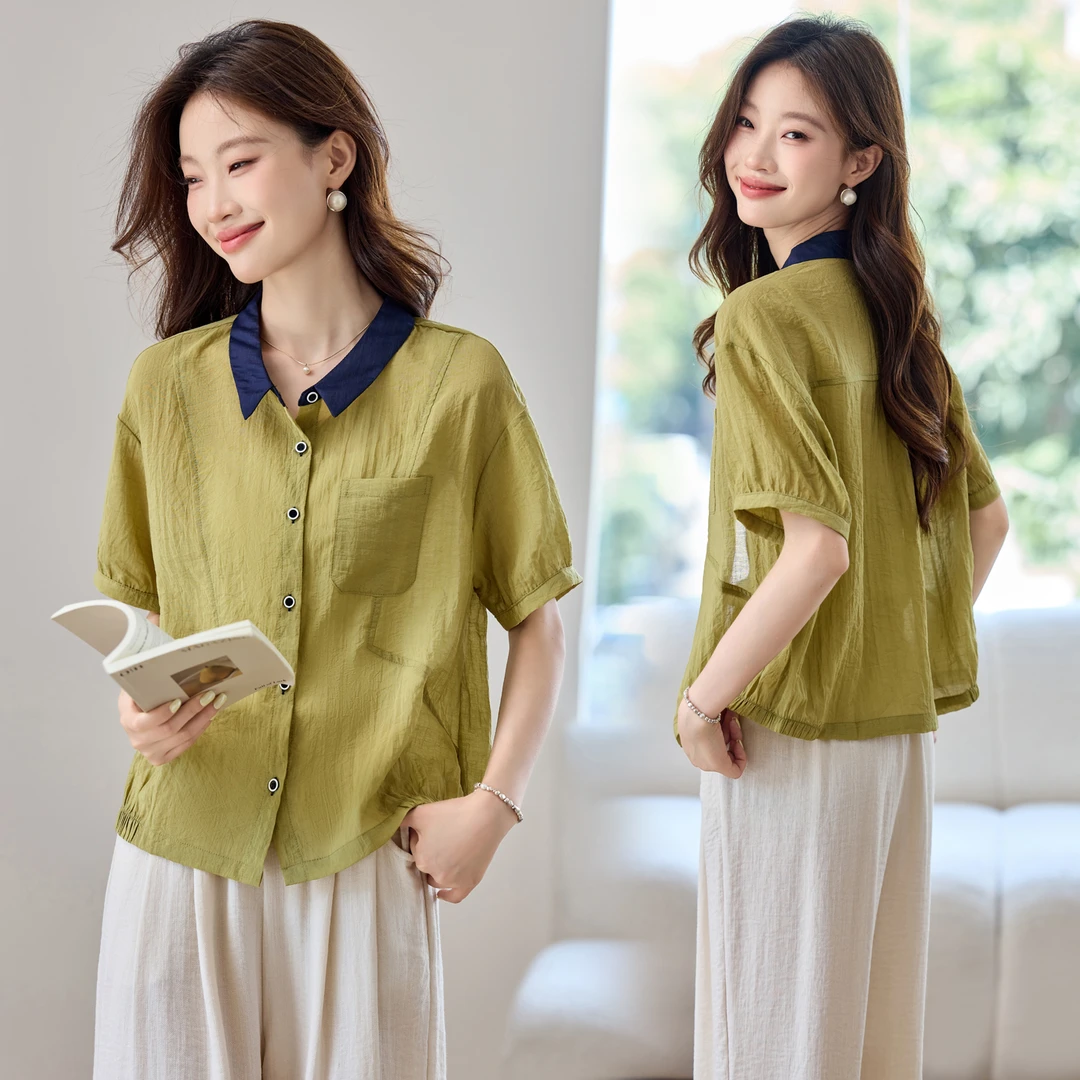 时尚撞色翻领衬衫女2025夏新款宽松显瘦简约休闲百搭短袖衬衣小衫