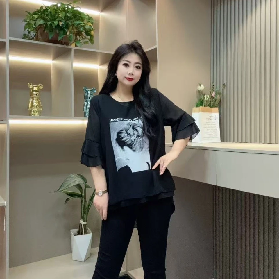 夏季时尚大衫-鸿 1103潮流洋气网纱拼接清凉百搭胖MM大码女装新款