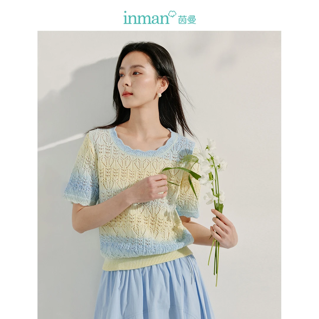 茵曼丁达尔渐变镂空针织衫女2025年夏季新款多巴胺圆领短袖小衫