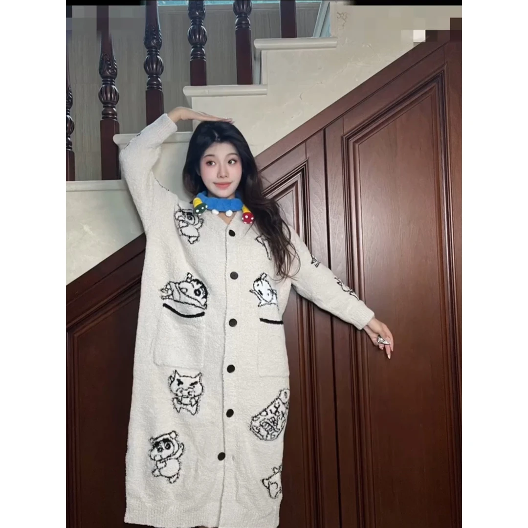 蜡笔小新印花半边绒中长款针织睡裙女秋冬加厚睡袍外套休闲家居服