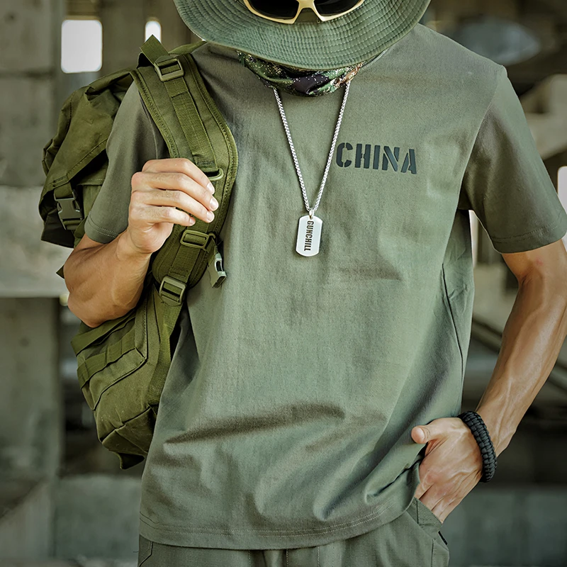 GUNCHILL复古国潮CHINA圆领短袖T恤男夏军迷宽松潮流纯棉百搭上衣