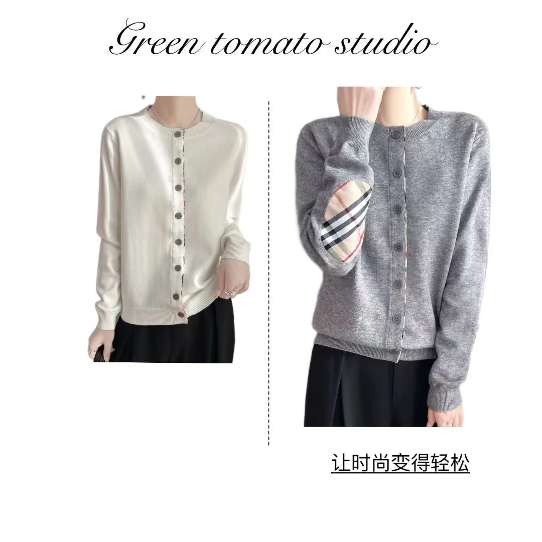 【D&Q STUDIO】开衫外搭拼接长袖时尚格子毛针织衫包袖秋季短款春季