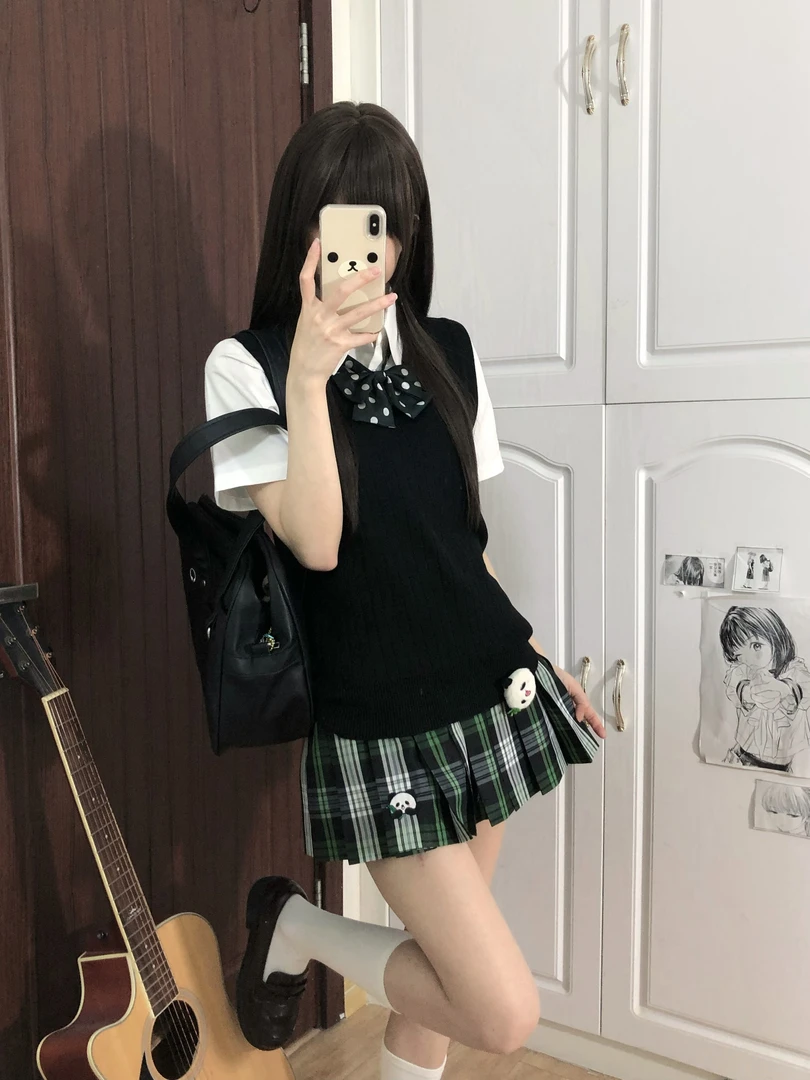 【阿哒】原创JK格裙熊猫刺绣黑绿配色学院风显白百搭