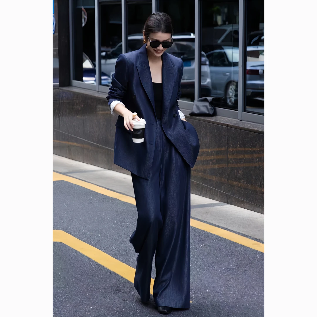 ZEROYK轻熟风职业装高级感蓝色时尚复古牛仔宽松西服阔腿裤两件套