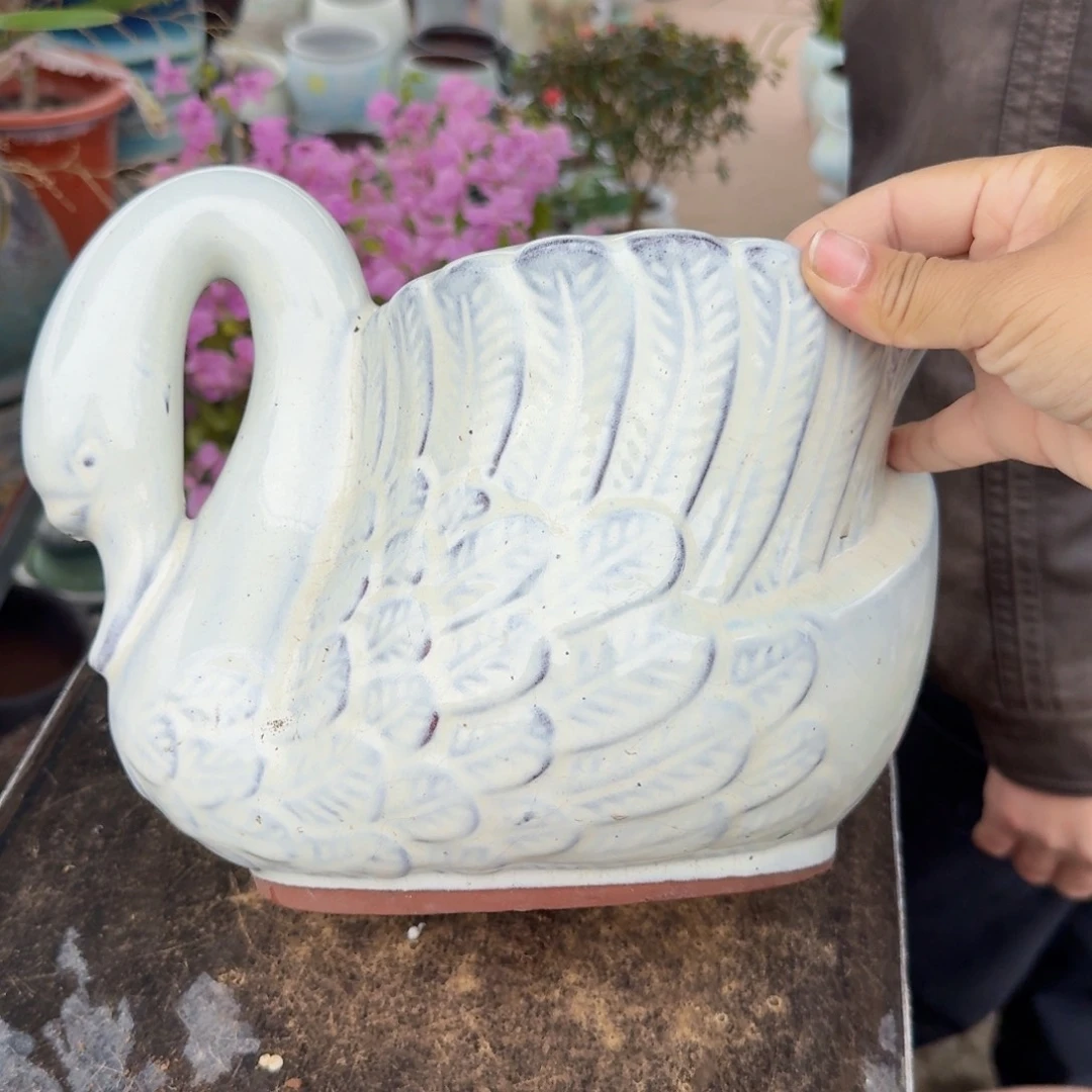 紫砂花盆鹅白色一个一个口18高18