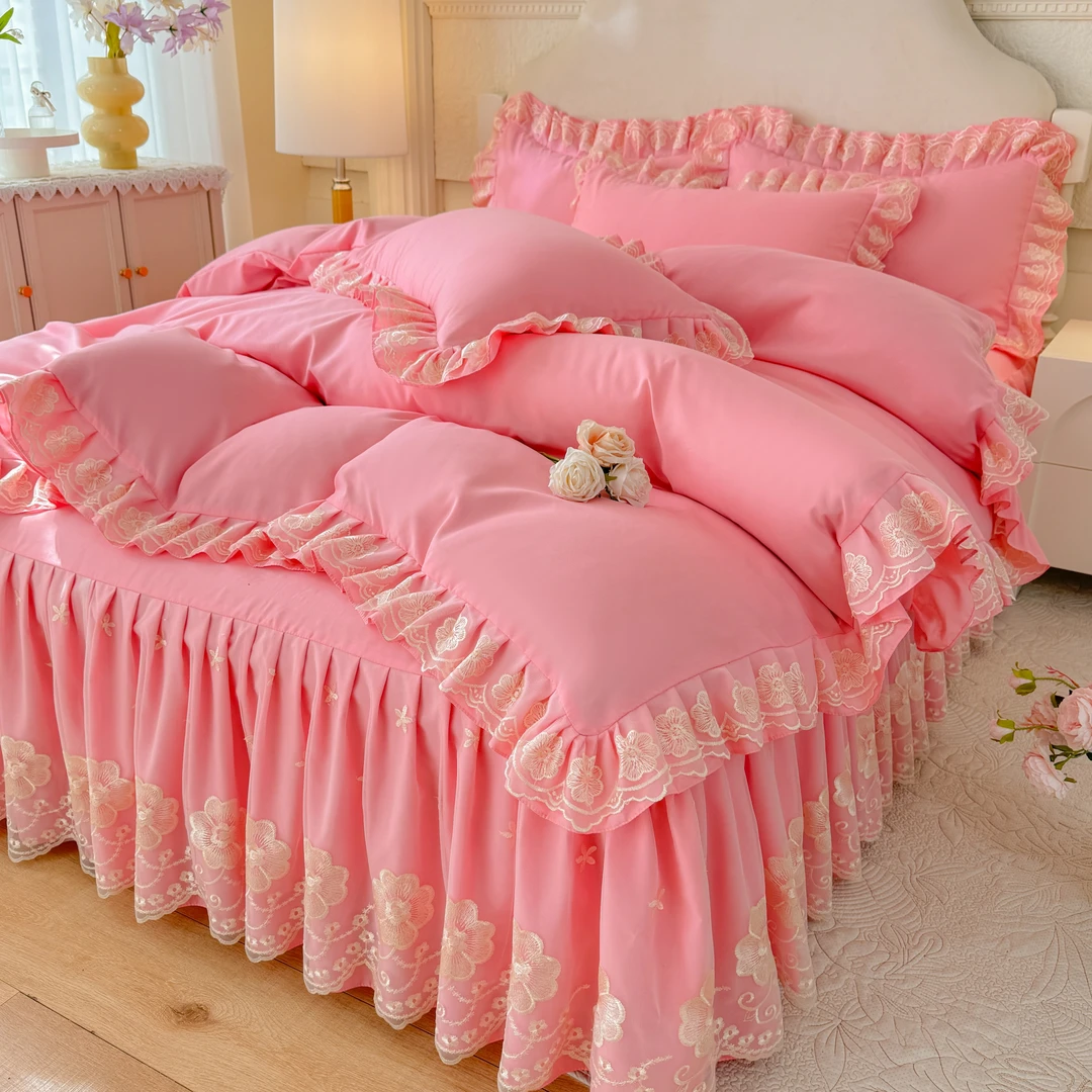 法澜兰卡 法式赫本风床上四件套蕾丝花边被套被罩床单床裙款床品