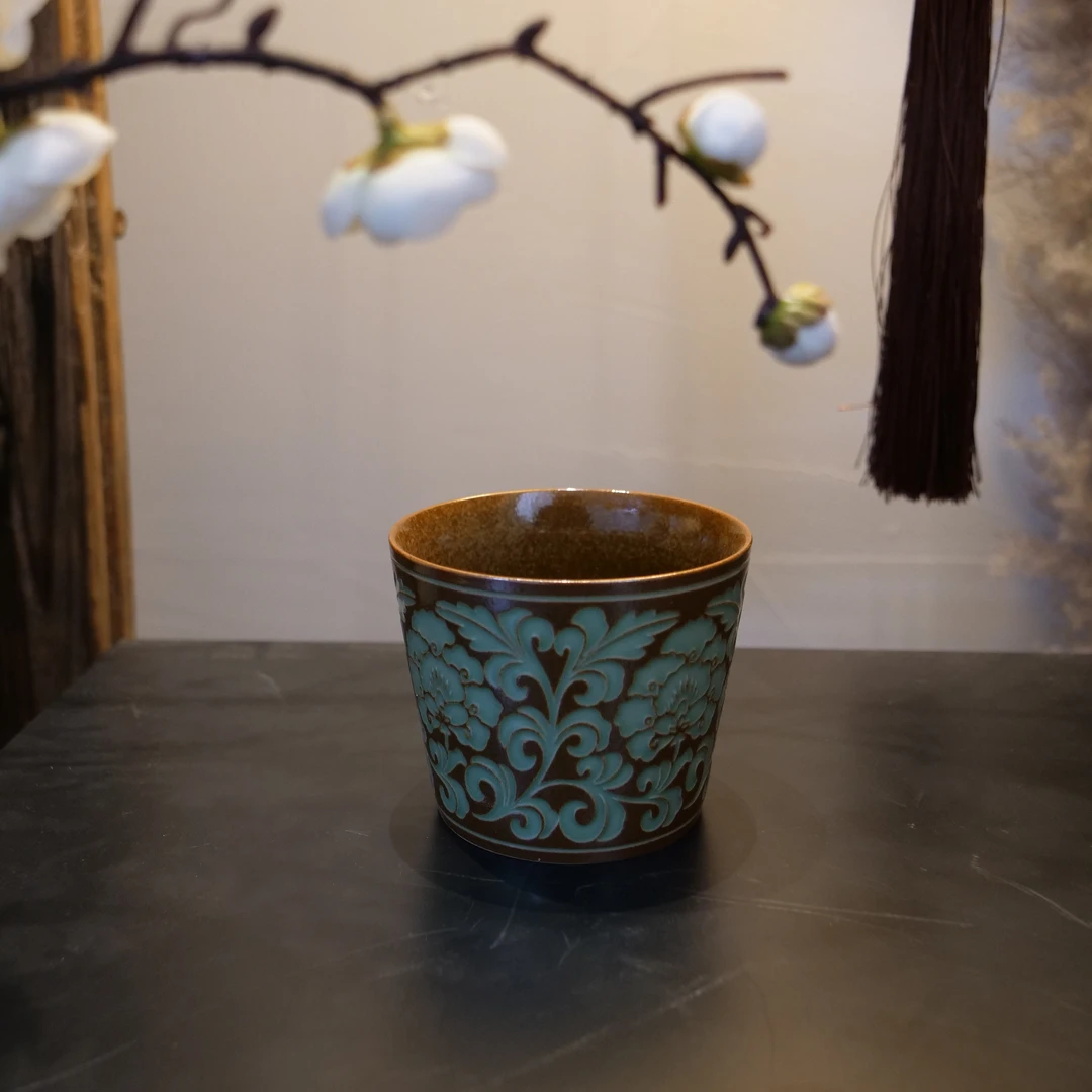 四海新品【龙泉青瓷缠枝莲咖啡杯】中式复古茶道器具咖啡杯250ml