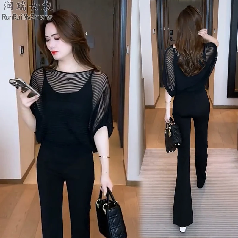 镂空时尚蝙蝠袖洋气薄款毛针织衫黑色显瘦开叉小个子夏季上衣短袖