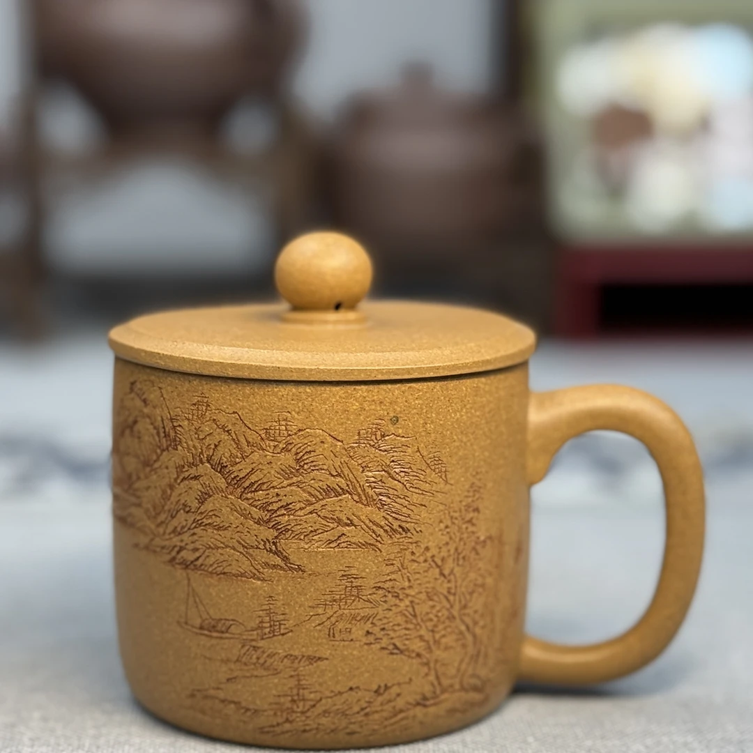 宜兴段泥刻绘长城紫砂杯办公泡茶适用盖杯原矿无添加送礼中秋