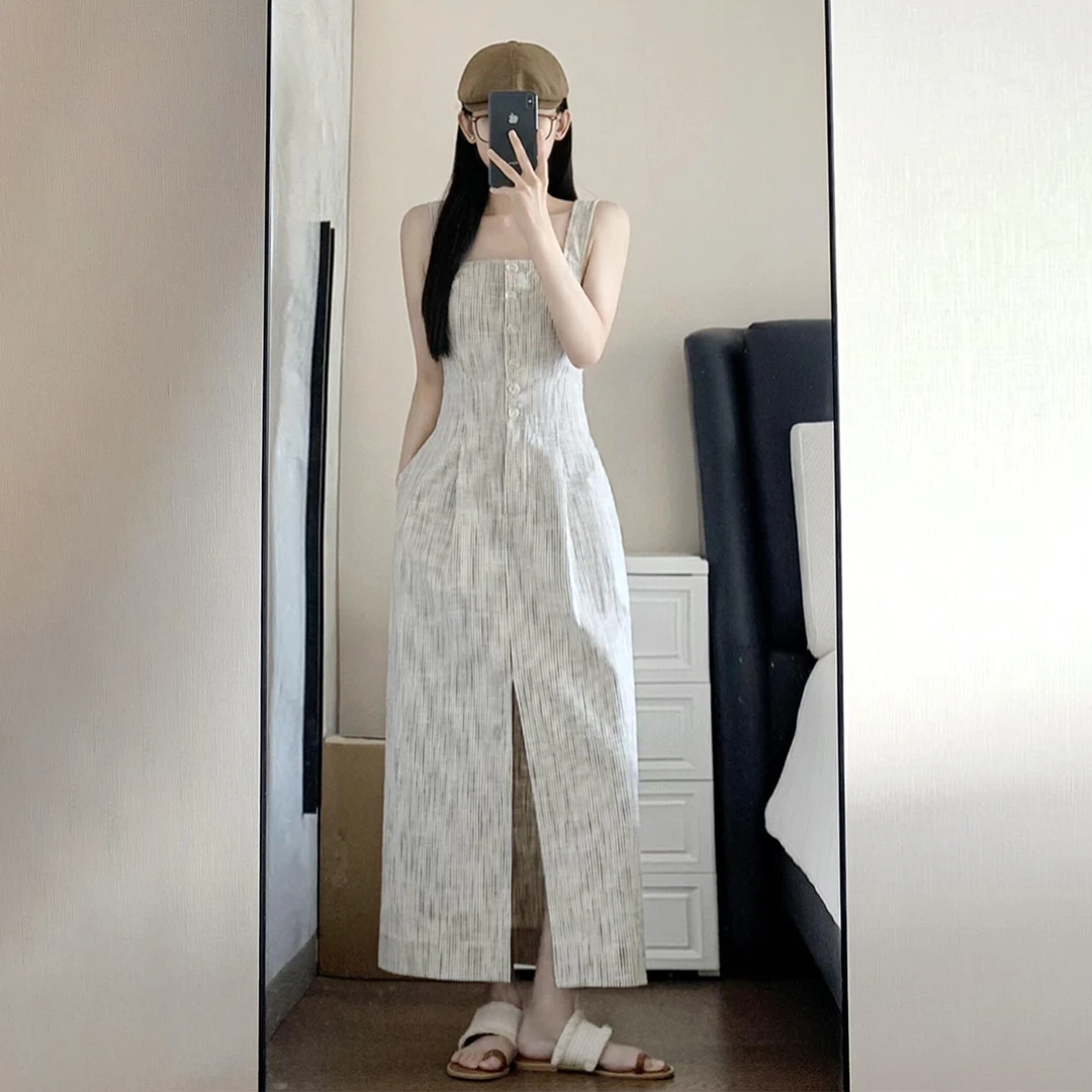 【现货+运补】灰色条纹背心无袖连衣裙法式气质巨好看开叉长裙5223
