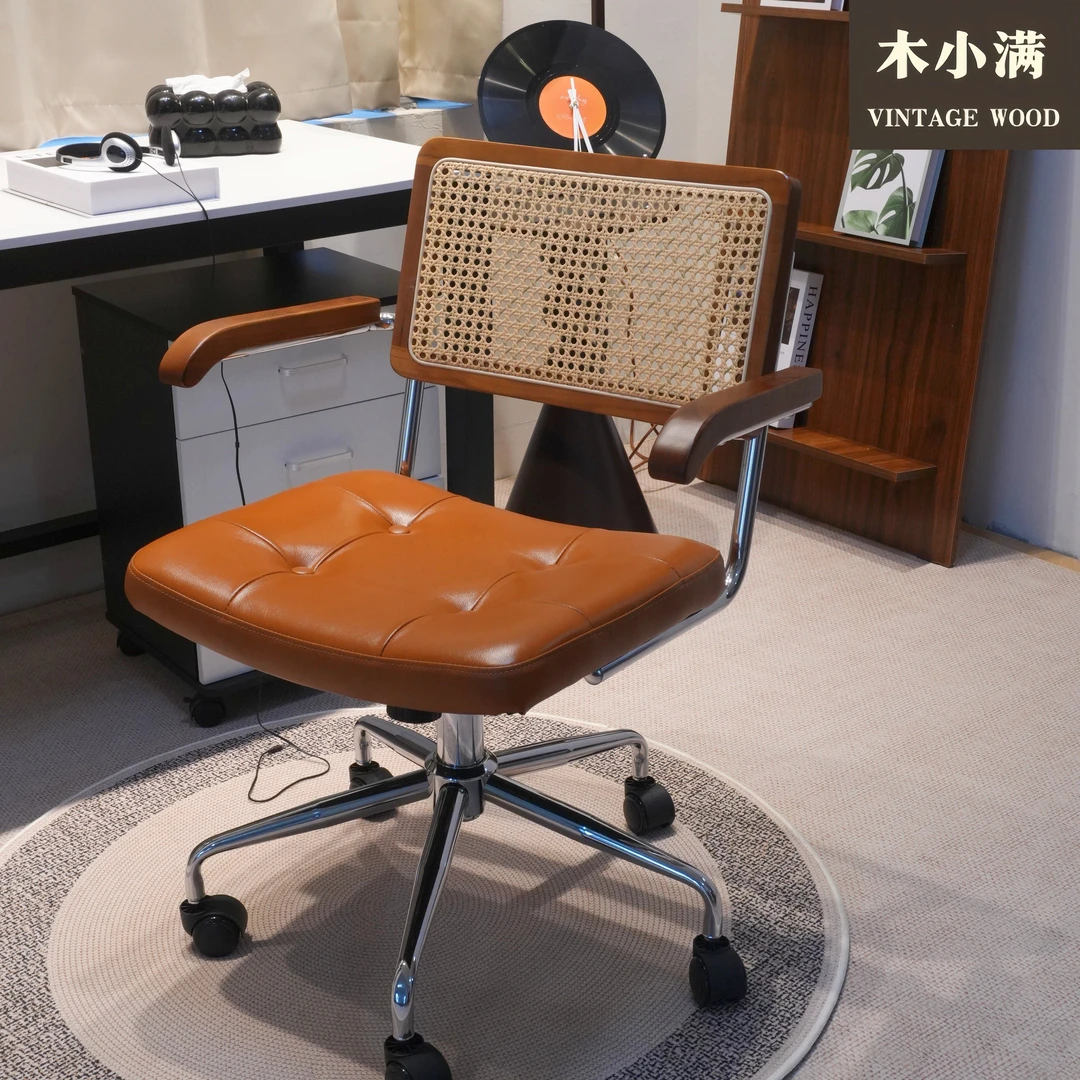 藤编电脑椅办公椅家用久坐不累藤椅实木书桌书房椅复古茶桌椅转椅