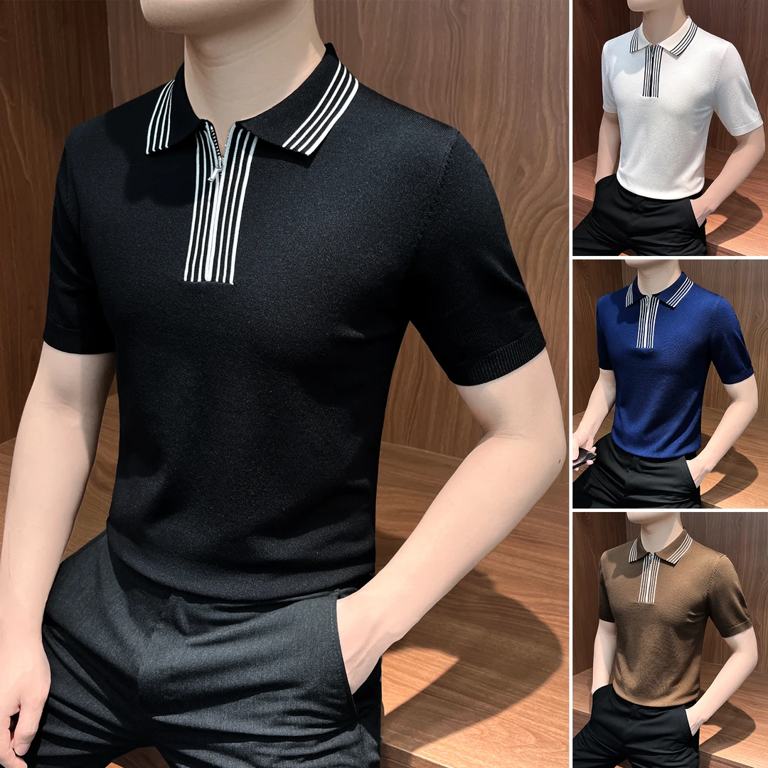 条纹半拉链POLO衫男款夏季款高级感男装针织翻领男士短袖带领t恤