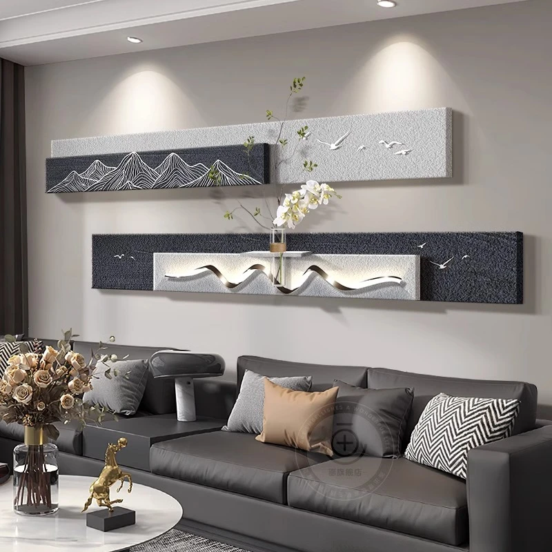 现代轻奢客厅装饰画高级感立体沙发背景墙背靠山图水培绿植壁画
