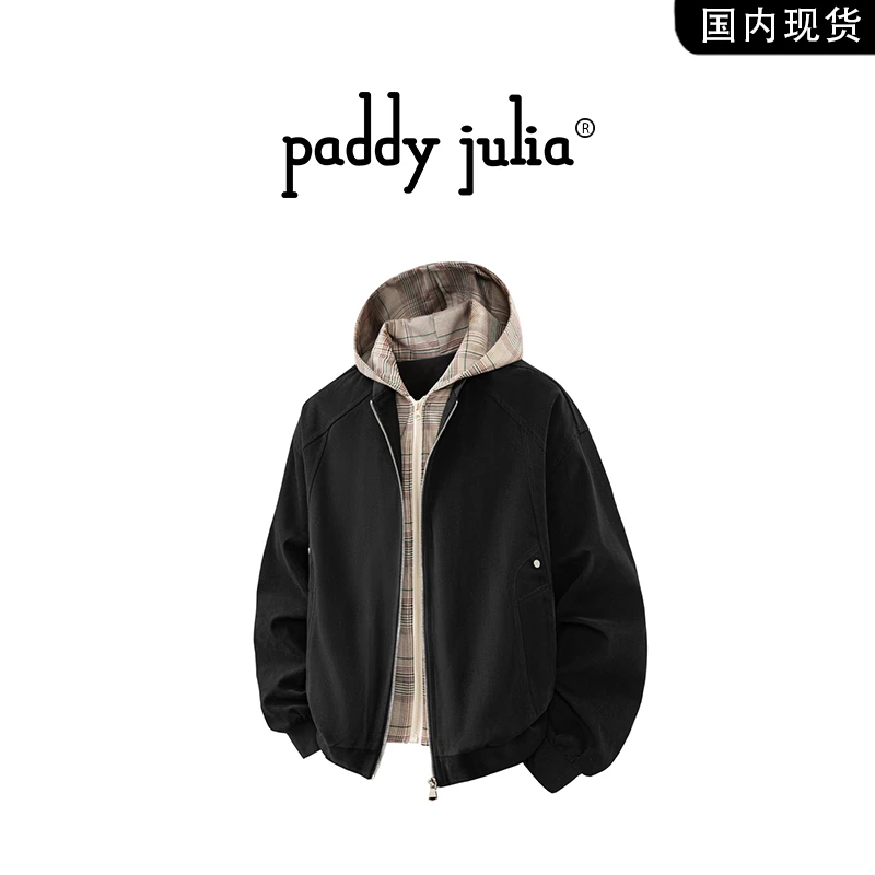 Paddy julia格纹拼接假两件夹克男秋冬季宽松休闲高级感连帽外套