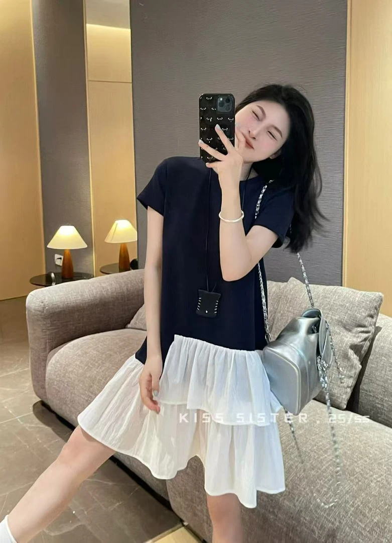 【AXIN定制】KK高品显瘦欧根纱拼接短袖T恤裙 1238