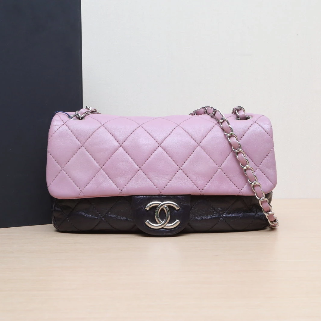 95新 Chanel/香奈儿 【娇】拼色 皮革S 12开 CF口盖链条包 704565