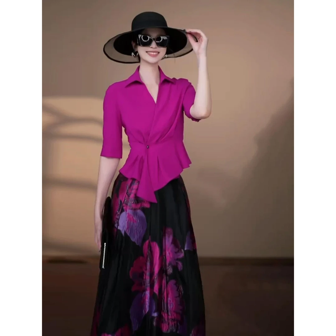 2025超火夏装一整套气质女神范高端出席重要场合玫红色衬衫套装裙