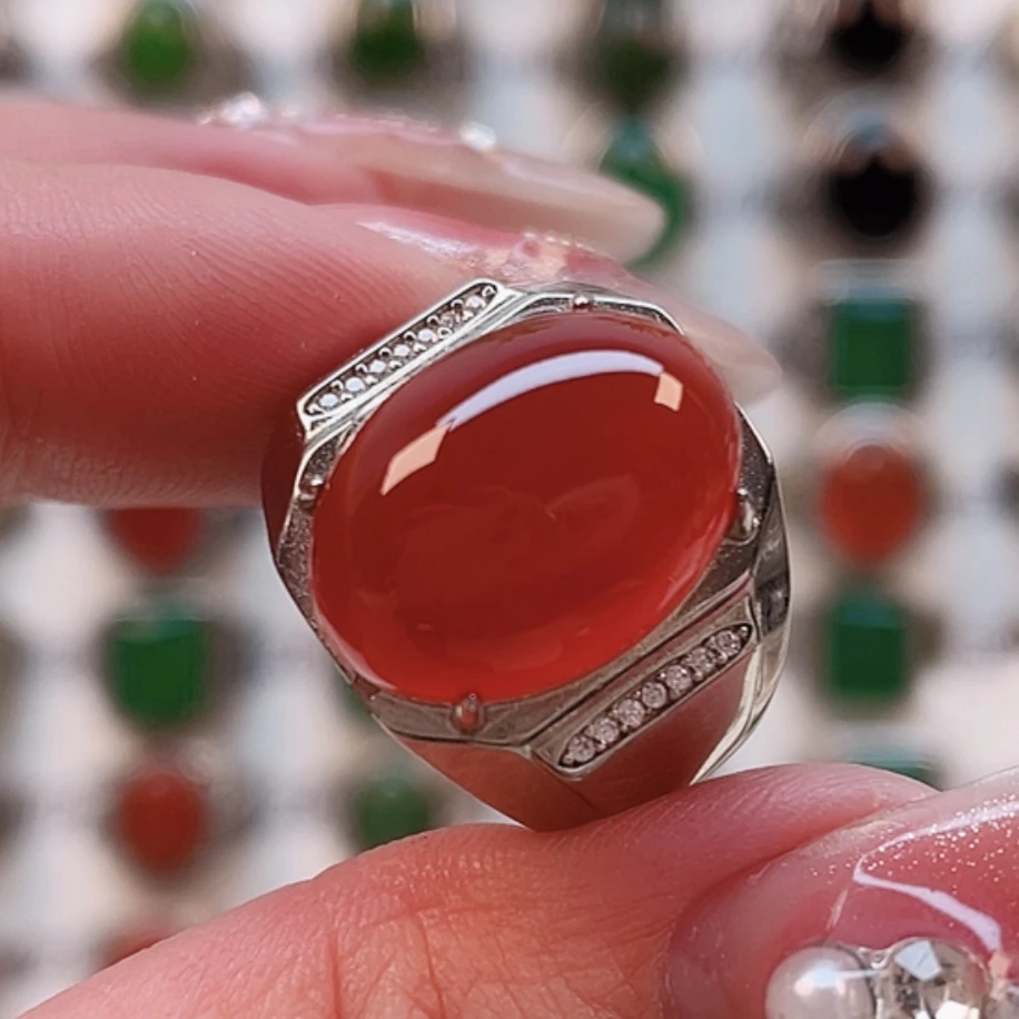 S925银镶嵌天然红玛瑙简约休闲款