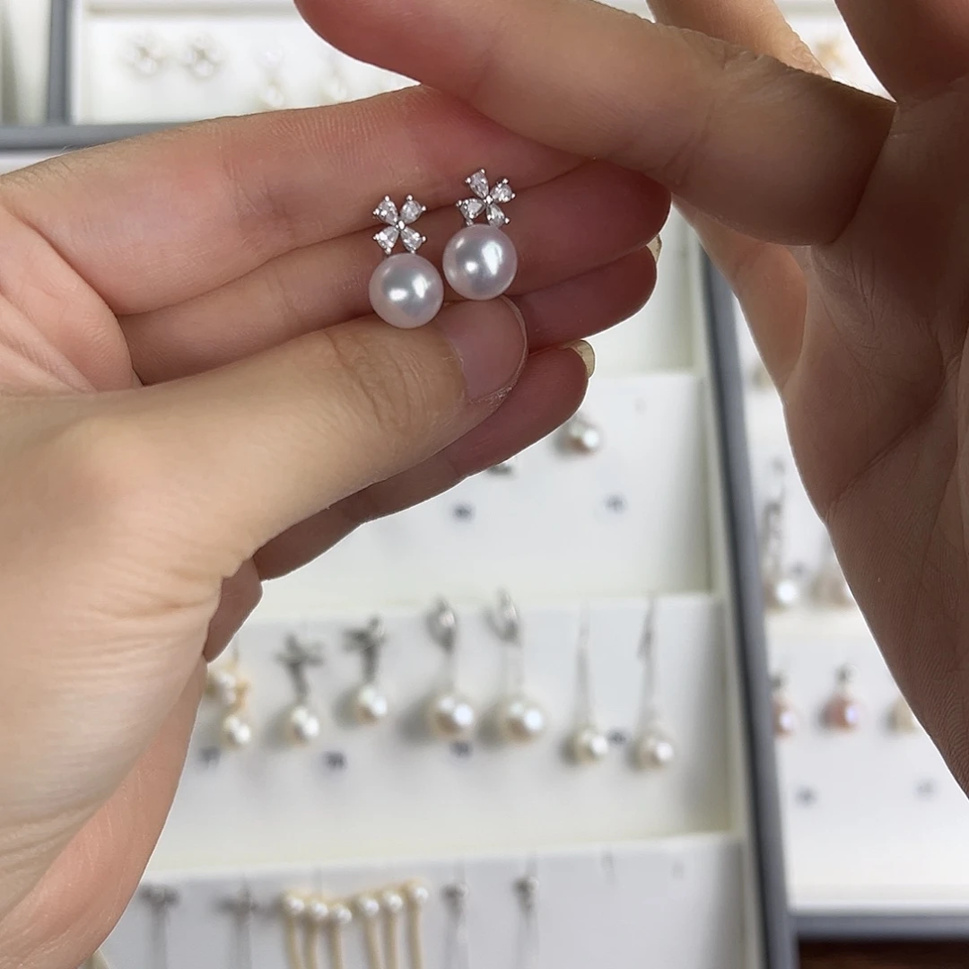 耳饰银S925镶嵌淡水珍珠