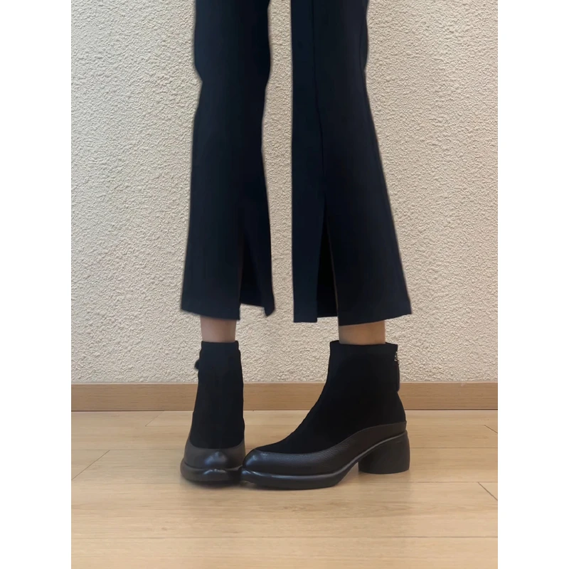 nnmiss/5.5cm英伦风绒面拼接短靴粗跟后拉链松紧口百搭瘦瘦靴