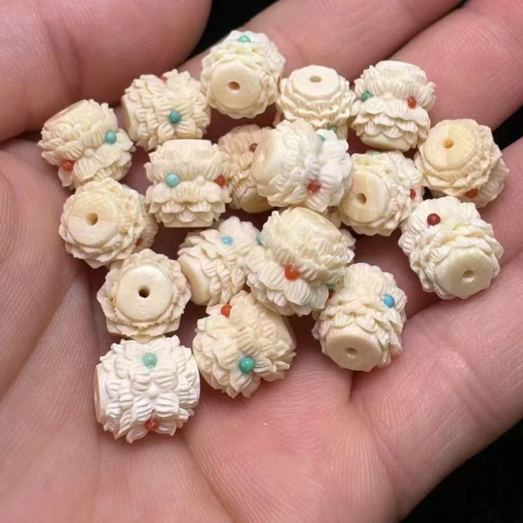 天然猛犸象牙手工雕刻双莲花并蒂莲文玩配饰时尚百搭单圈长串