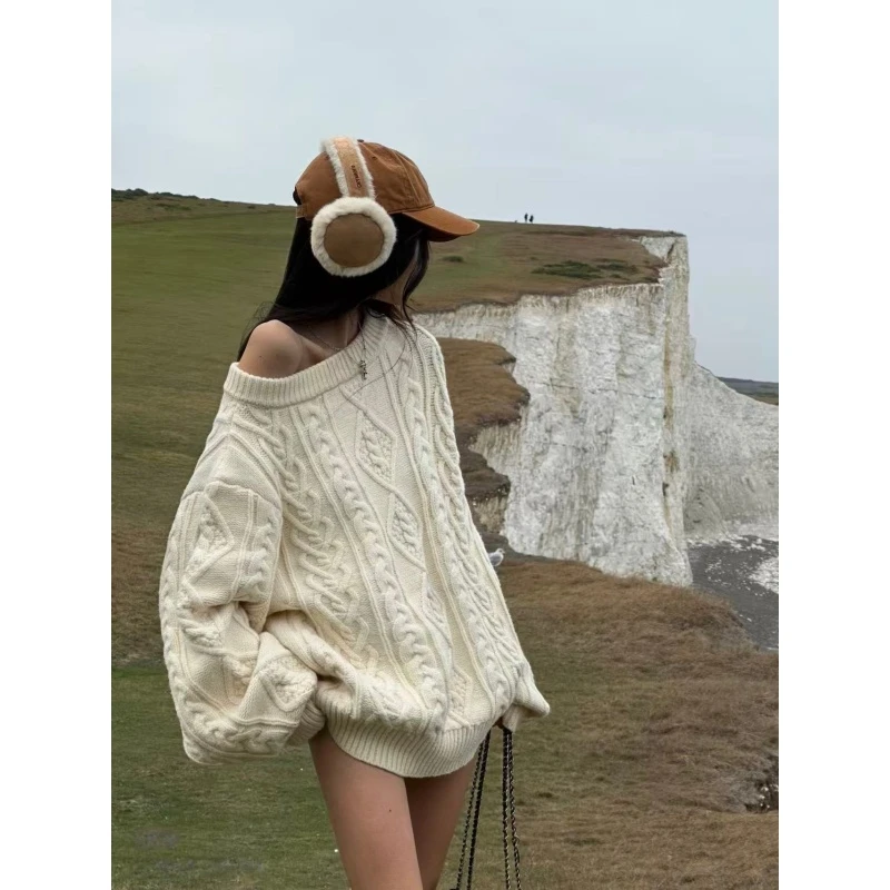 露肩麻花套头毛衣女秋冬季宽松外穿中长款慵懒风高级感长袖针织衫
