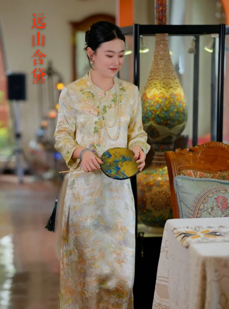 (雪媚娘～远山含黛)新中式重工刺绣江南丝绸金标柜高端旗袍连衣裙