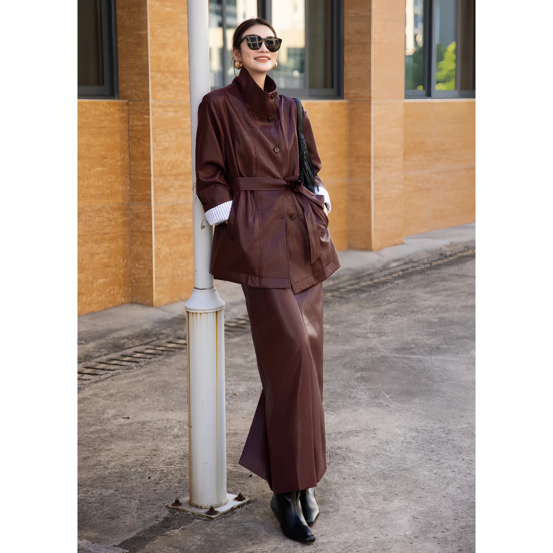 ZEROYK轻奢优雅职业工装高级感蛋白皮撞色绑带修身西服半身裙套装