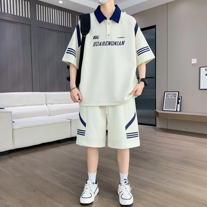 夏季休闲运动套装男士2025新款短袖POLO衫搭配青少年百搭T恤一套