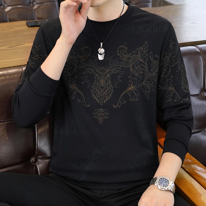 春秋款男士卫衣套头长袖上衣服青年潮流时尚印花烫钻宽松圆领休闲