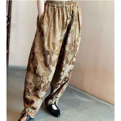 设计师女 新中式提花国风真丝棉复古松紧腰休闲裤裤子灯笼裤显瘦