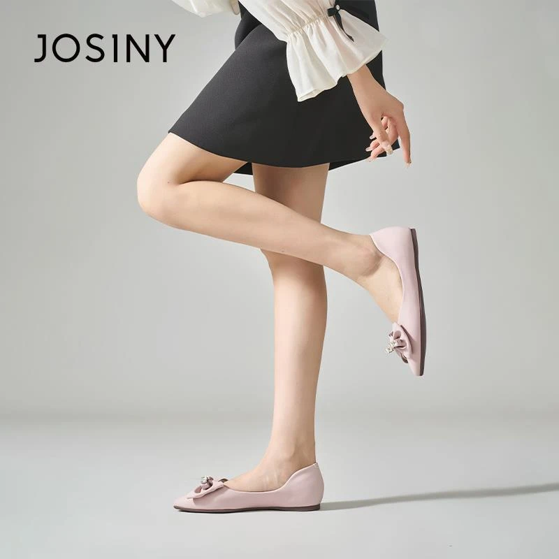 卓诗尼2025年春秋新款百搭尖头女鞋小香风蝴蝶结浅口女士单鞋女