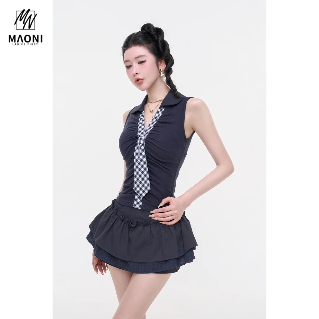 毛妮Peshe【miu调元英】格纹假领带褶皱T恤女夏季V领纯欲风L1783